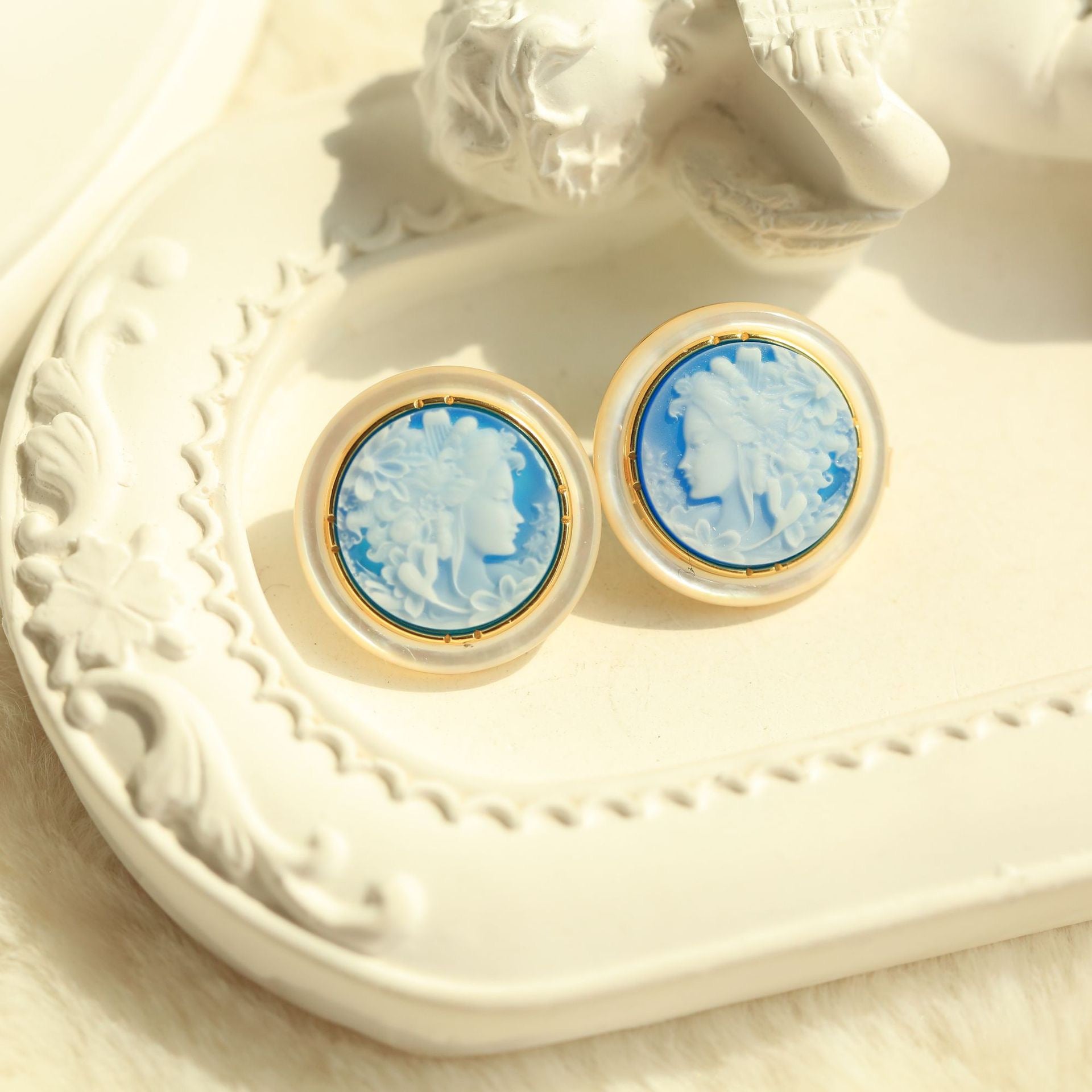 S925 Silver Floral Goddess Cameo Stud Earrings – Blue Agate & Mother-of-Pearl Vintage Art Jewelry