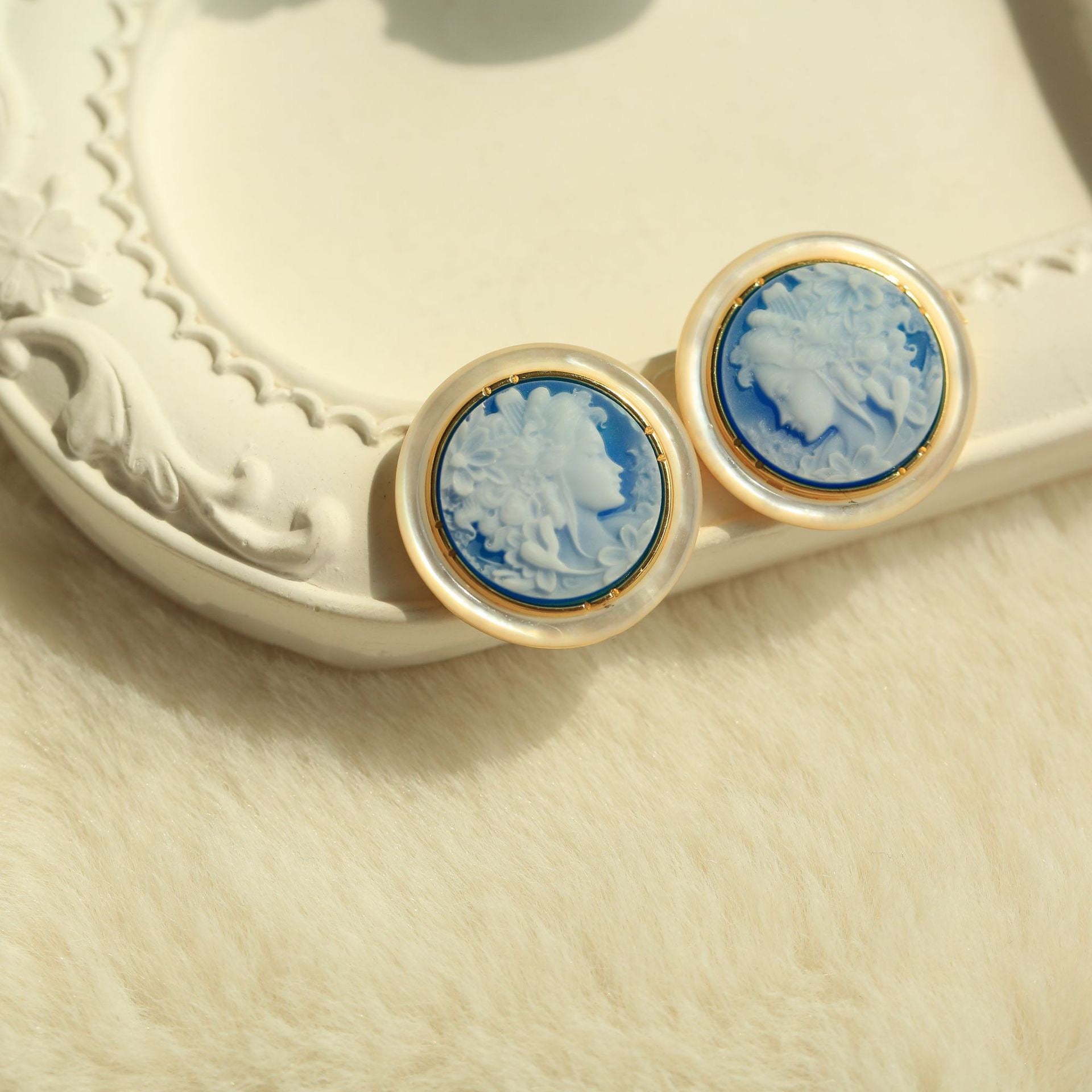 S925 Silver Floral Goddess Cameo Stud Earrings – Blue Agate & Mother-of-Pearl Vintage Art Jewelry