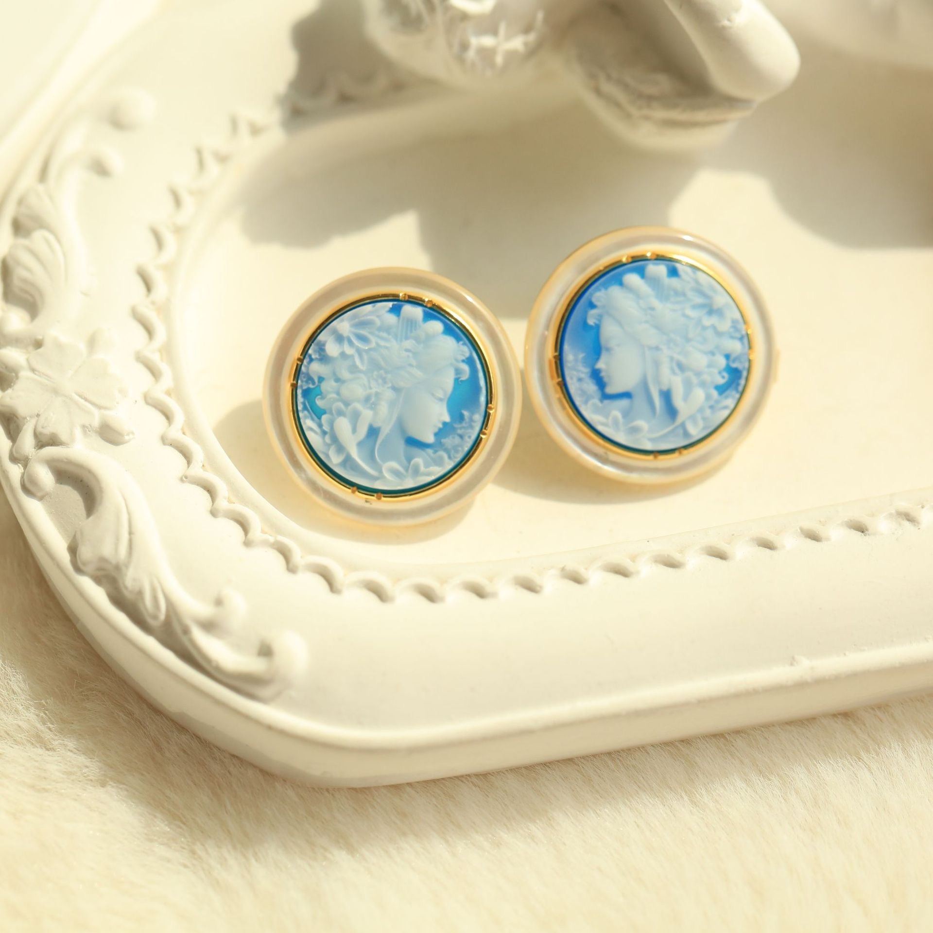 S925 Silver Floral Goddess Cameo Stud Earrings – Blue Agate & Mother-of-Pearl Vintage Art Jewelry