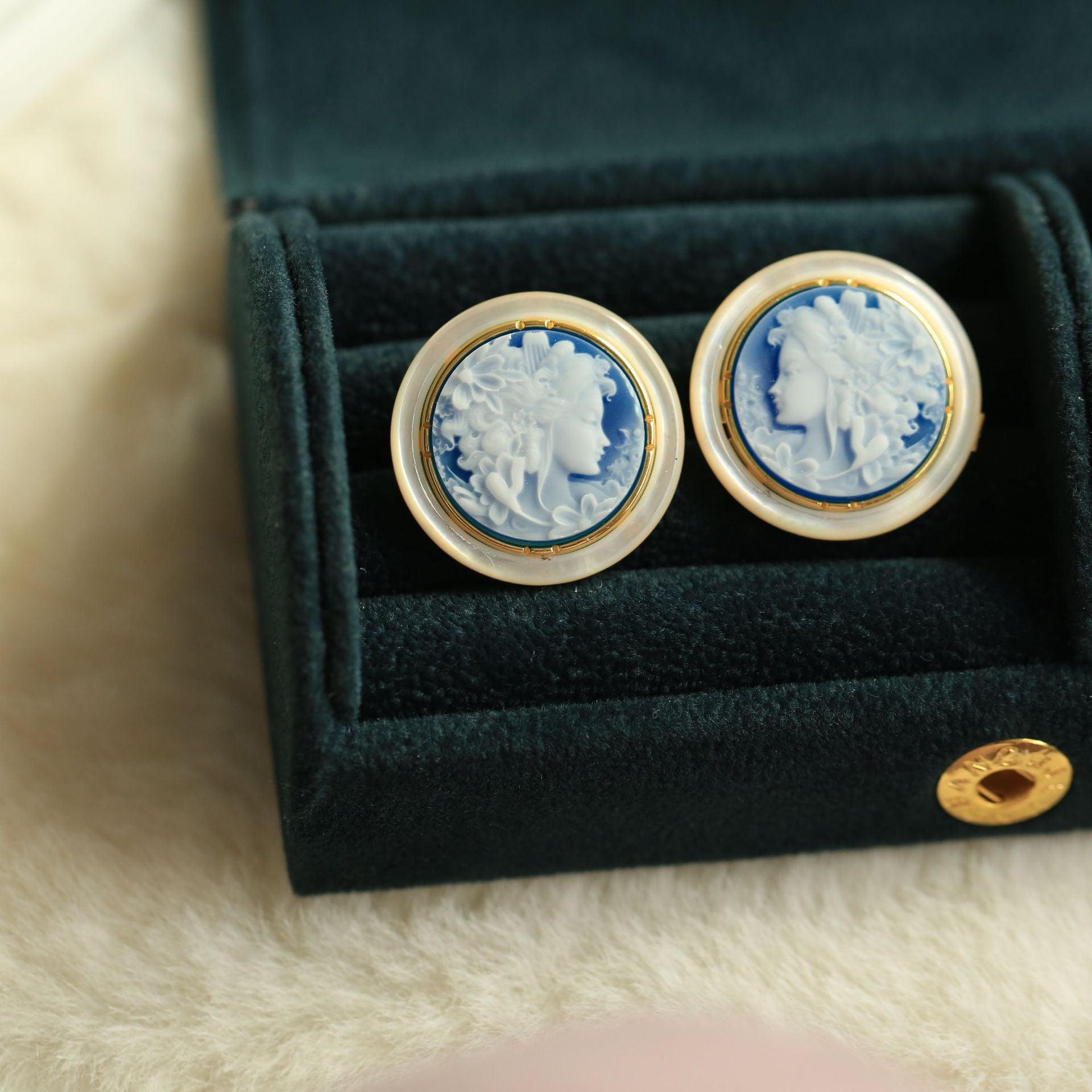 S925 Silver Floral Goddess Cameo Stud Earrings – Blue Agate & Mother-of-Pearl Vintage Art Jewelry