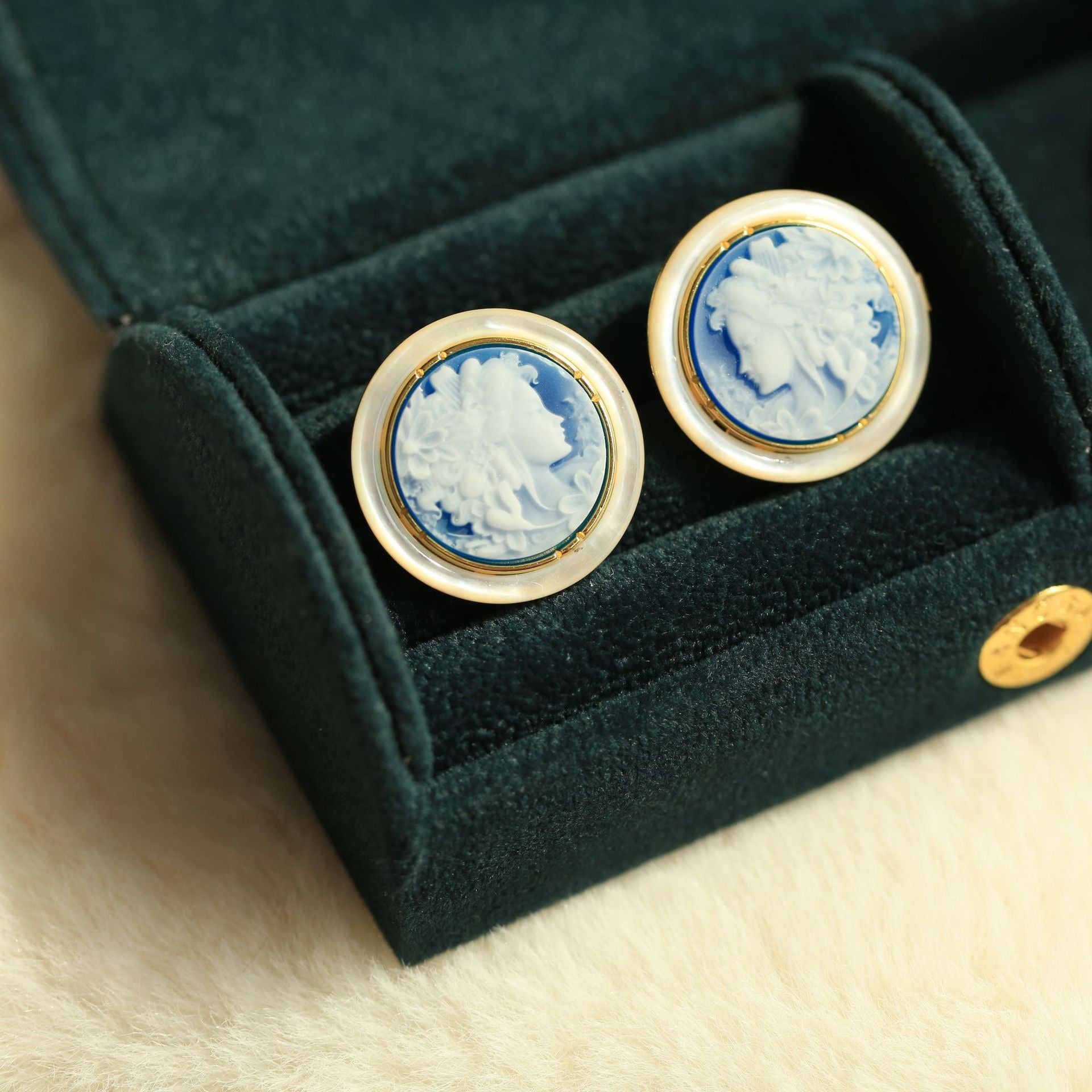 S925 Silver Floral Goddess Cameo Stud Earrings – Blue Agate & Mother-of-Pearl Vintage Art Jewelry