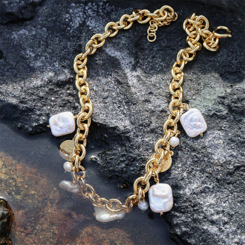 Baroque Pearl & Coin Charm Necklace & Bracelet Set – Gold-Plated Chain Vintage European Style Jewelry