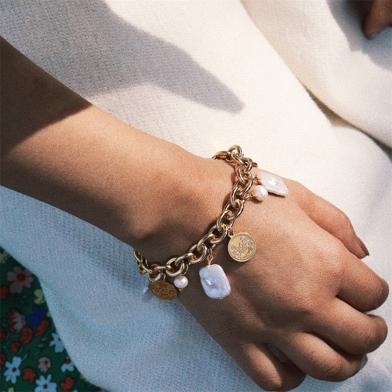 Baroque Pearl & Coin Charm Necklace & Bracelet Set – Gold-Plated Chain Vintage European Style Jewelry