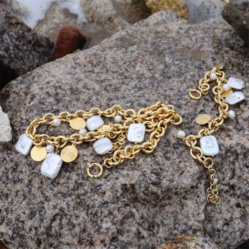 Baroque Pearl & Coin Charm Necklace & Bracelet Set – Gold-Plated Chain Vintage European Style Jewelry