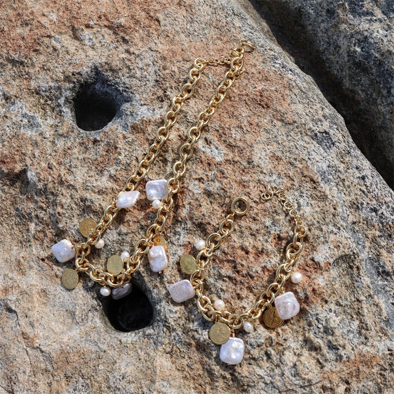 Baroque Pearl & Coin Charm Necklace & Bracelet Set – Gold-Plated Chain Vintage European Style Jewelry