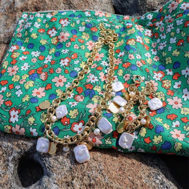 Baroque Pearl & Coin Charm Necklace & Bracelet Set – Gold-Plated Chain Vintage European Style Jewelry