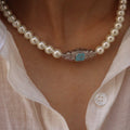Art Deco Pearl Necklace with Aqua Crystal Center – White Gold Plated Statement Jewelry