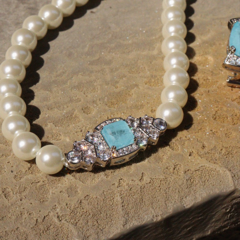 Art Deco Pearl Necklace with Aqua Crystal Center – White Gold Plated Statement Jewelry