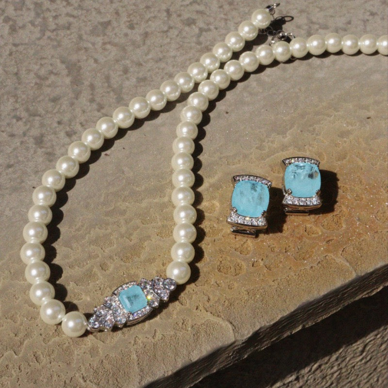 Art Deco Pearl Necklace with Aqua Crystal Center – White Gold Plated Statement Jewelry
