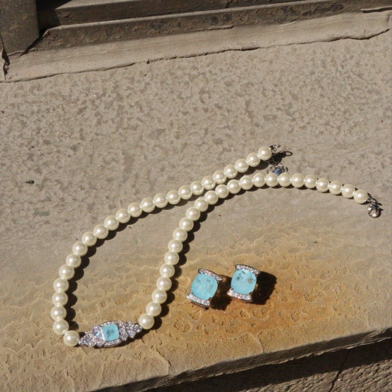 Art Deco Pearl Necklace with Aqua Crystal Center – White Gold Plated Statement Jewelry