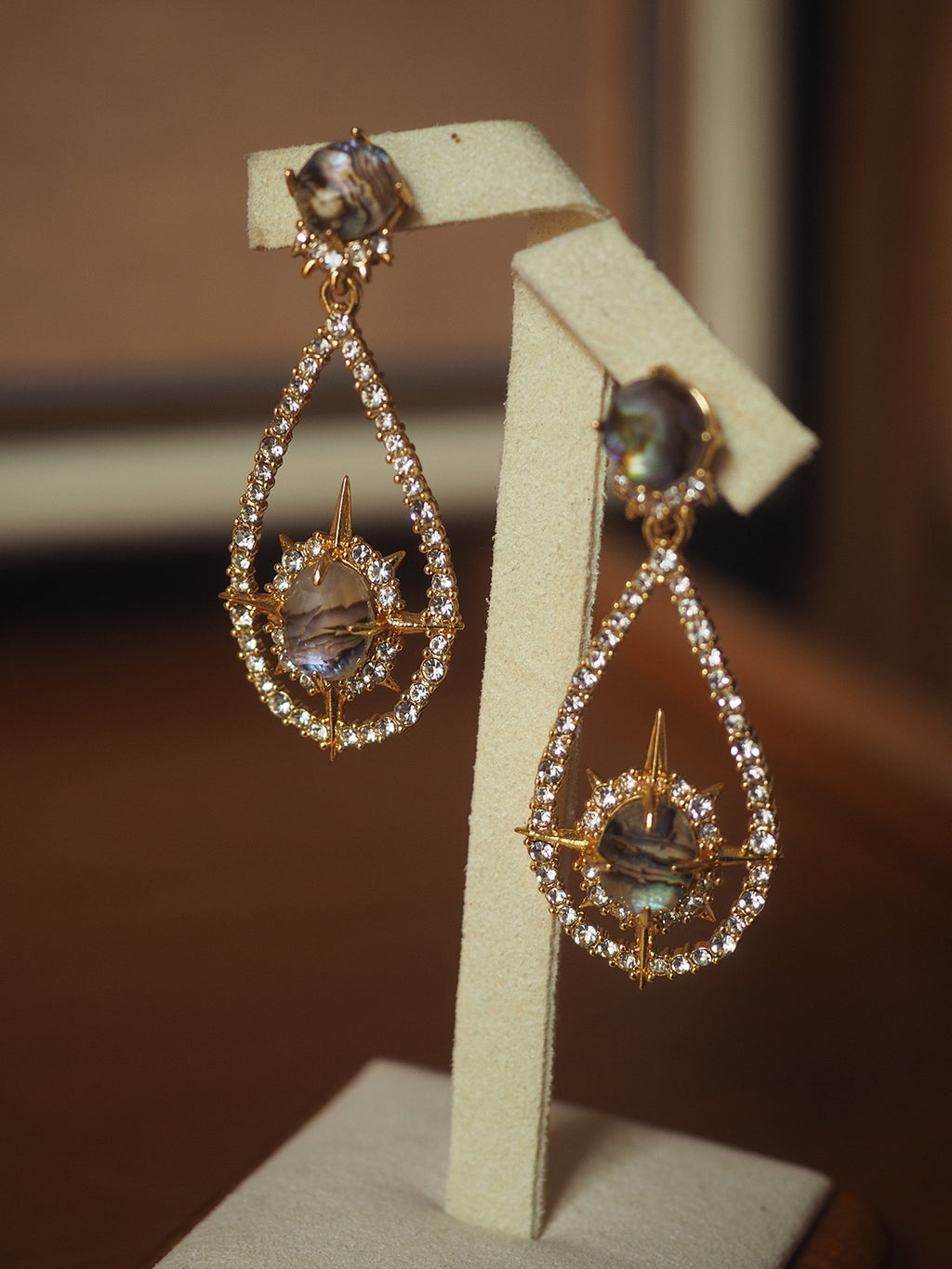 Vintage Abalone Compass Drop Earrings – Retro Crystal Statement Design