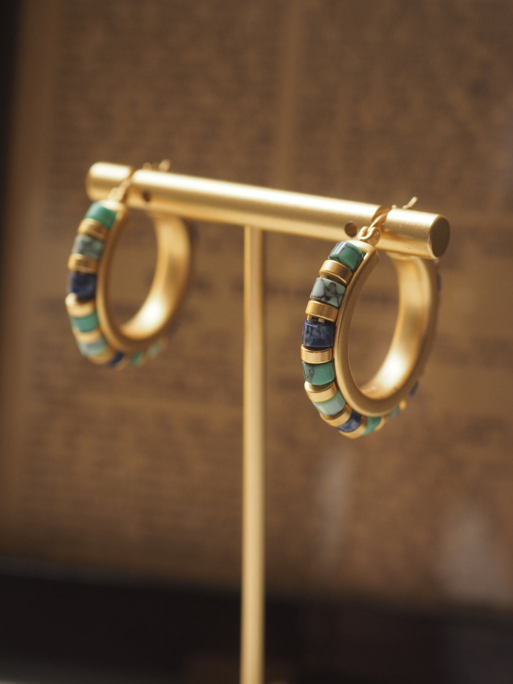 Vintage Turquoise & Lapis Inlay Hoop Earrings – Museum-Inspired Artistic Statement