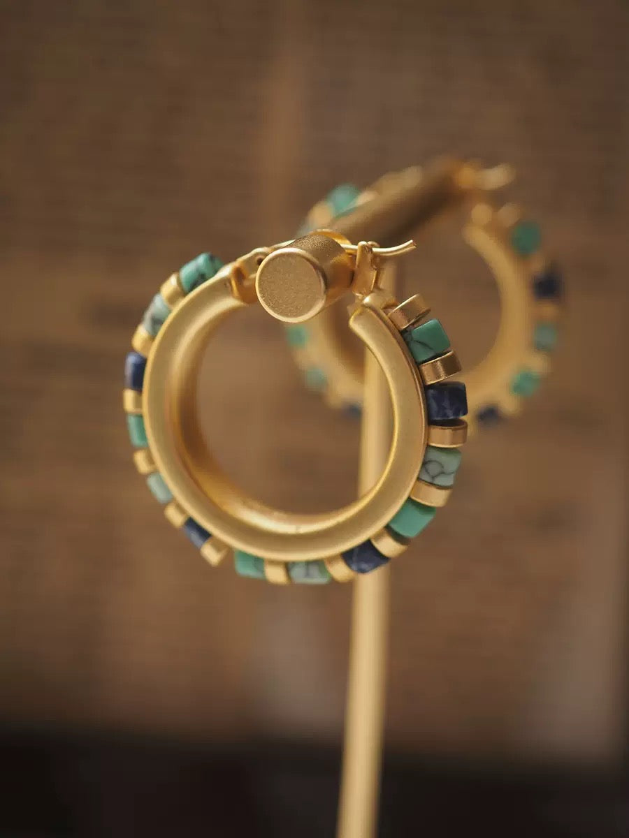 Vintage Turquoise & Lapis Inlay Hoop Earrings – Museum-Inspired Artistic Statement