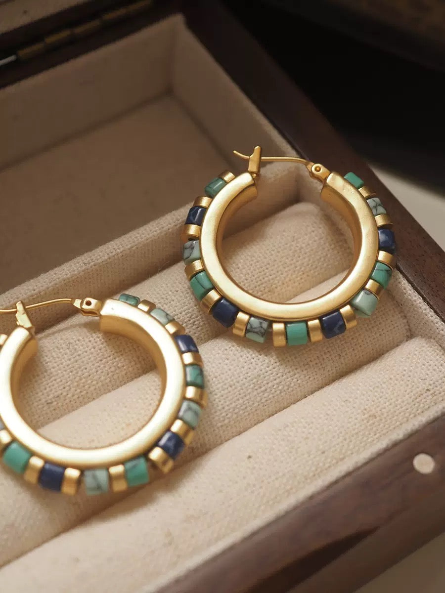 Vintage Turquoise & Lapis Inlay Hoop Earrings – Museum-Inspired Artistic Statement