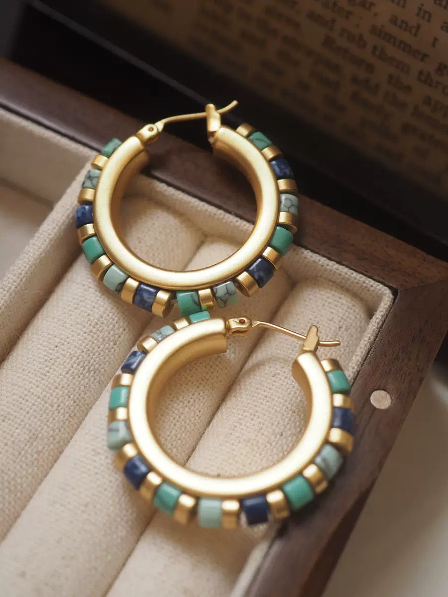 Vintage Turquoise & Lapis Inlay Hoop Earrings – Museum-Inspired Artistic Statement