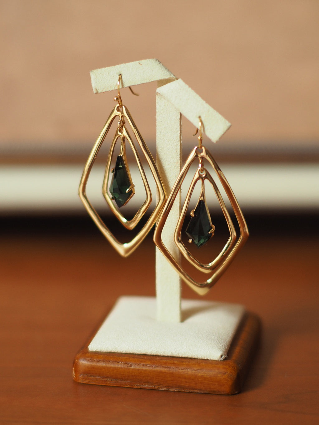 Geometric Green Crystal Drop Earrings – Minimalist Retro Art Statement Design